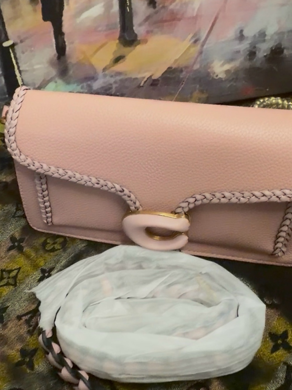 Pink Leather Shoulder Bag with Braided Trim coach